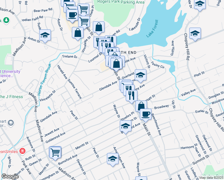 map of restaurants, bars, coffee shops, grocery stores, and more near 75 Glendale Avenue in Bridgeport