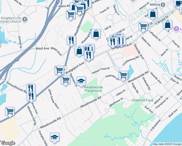 map of restaurants, bars, coffee shops, grocery stores, and more near 184 Robert Treat Drive in Milford