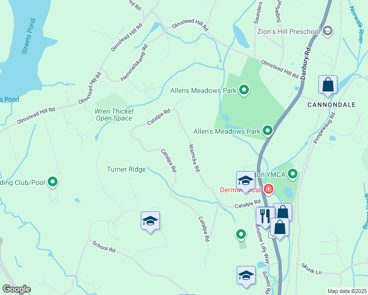 map of restaurants, bars, coffee shops, grocery stores, and more near 67 Warncke Road in Wilton