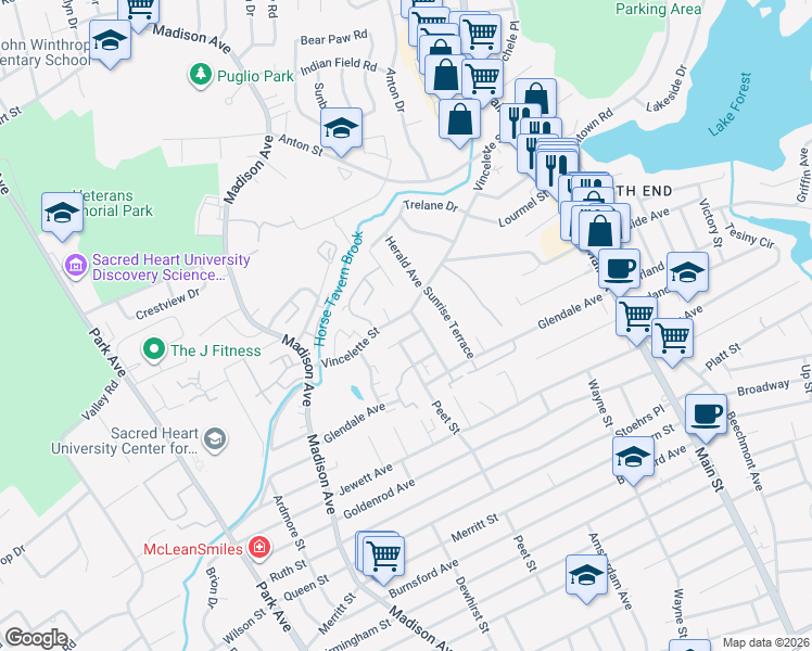 map of restaurants, bars, coffee shops, grocery stores, and more near 520 Vincellette Street in Bridgeport