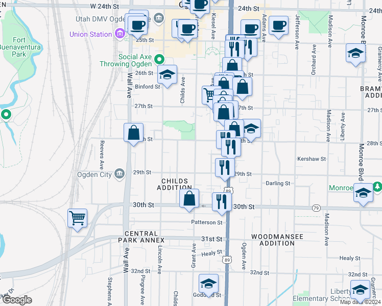 map of restaurants, bars, coffee shops, grocery stores, and more near 2805 Grant Avenue in Ogden