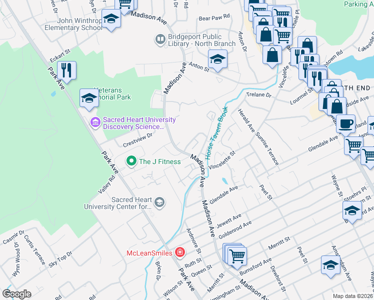 map of restaurants, bars, coffee shops, grocery stores, and more near 216 Cherry Hill Drive in Bridgeport