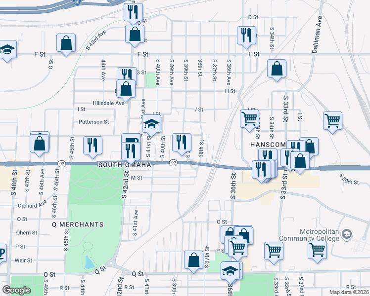 map of restaurants, bars, coffee shops, grocery stores, and more near 4520 South 39th Street in Omaha