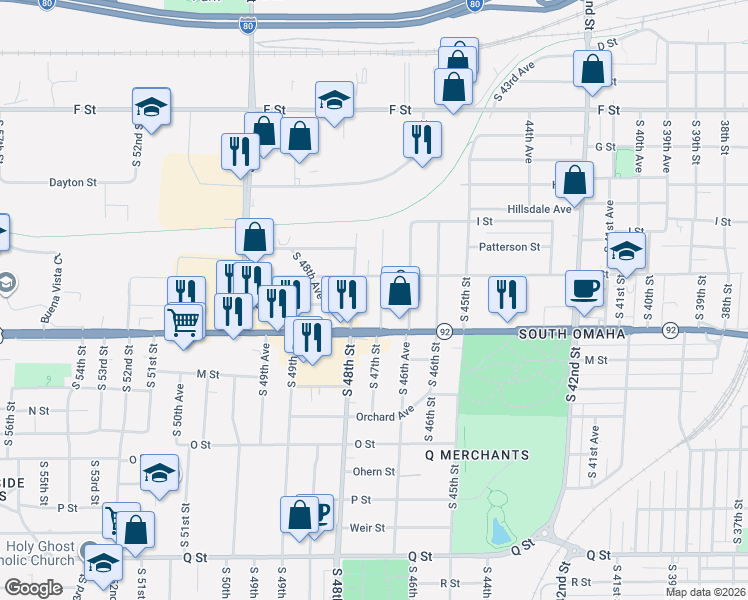 map of restaurants, bars, coffee shops, grocery stores, and more near 4608 South 47th Street in Omaha
