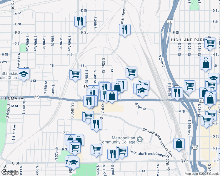 map of restaurants, bars, coffee shops, grocery stores, and more near 4530 South 32nd Street in Omaha