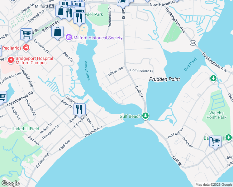 map of restaurants, bars, coffee shops, grocery stores, and more near 2 Oyster Landing Road in Milford