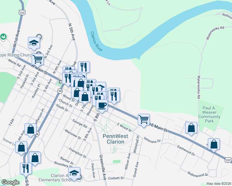 map of restaurants, bars, coffee shops, grocery stores, and more near North 8th Avenue in Clarion