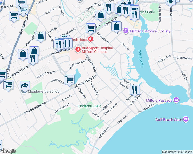 map of restaurants, bars, coffee shops, grocery stores, and more near 197 Seaside Avenue in Milford