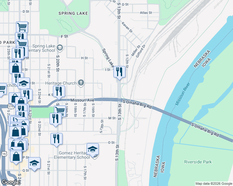 map of restaurants, bars, coffee shops, grocery stores, and more near 4523 South 14th Street in Omaha