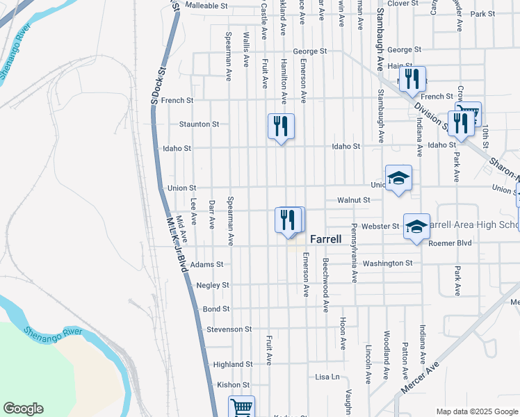map of restaurants, bars, coffee shops, grocery stores, and more near 800 Fruit Avenue in Farrell