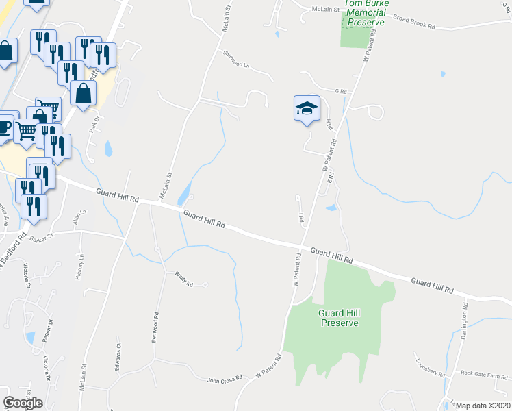 map of restaurants, bars, coffee shops, grocery stores, and more near 72 Guard Hill Road in Bedford Corners