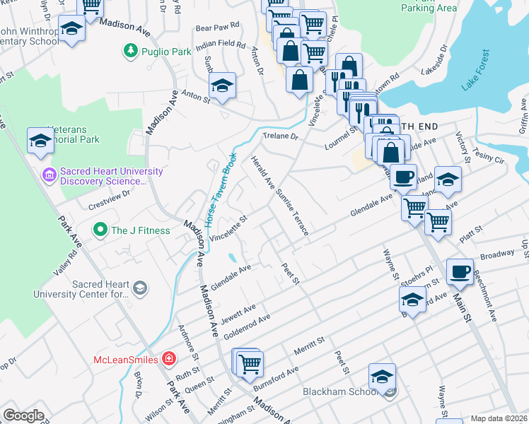 map of restaurants, bars, coffee shops, grocery stores, and more near 520 Vincellette Street in Bridgeport