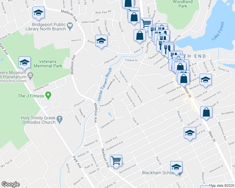 map of restaurants, bars, coffee shops, grocery stores, and more near 520 Vincelette Street in Bridgeport