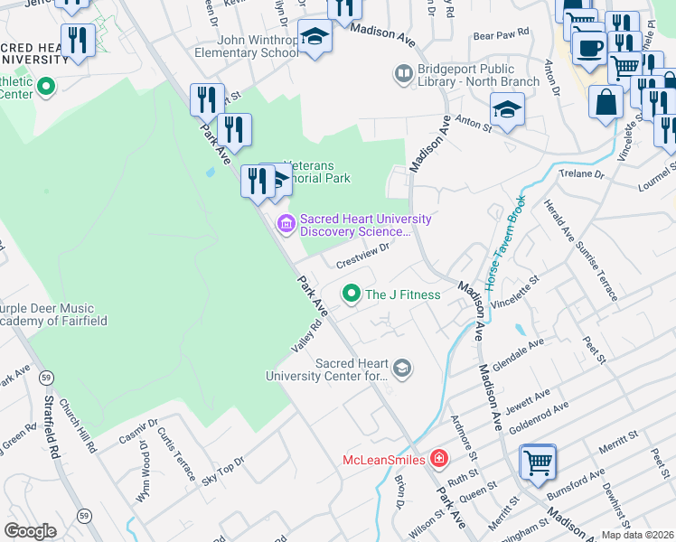map of restaurants, bars, coffee shops, grocery stores, and more near 220 Crestview Drive in Bridgeport