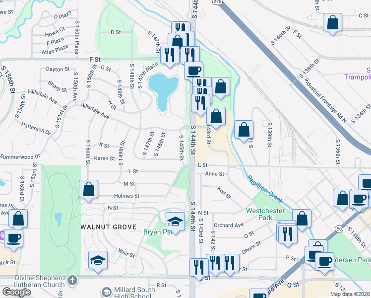 map of restaurants, bars, coffee shops, grocery stores, and more near 4415 South 145th Street in Omaha