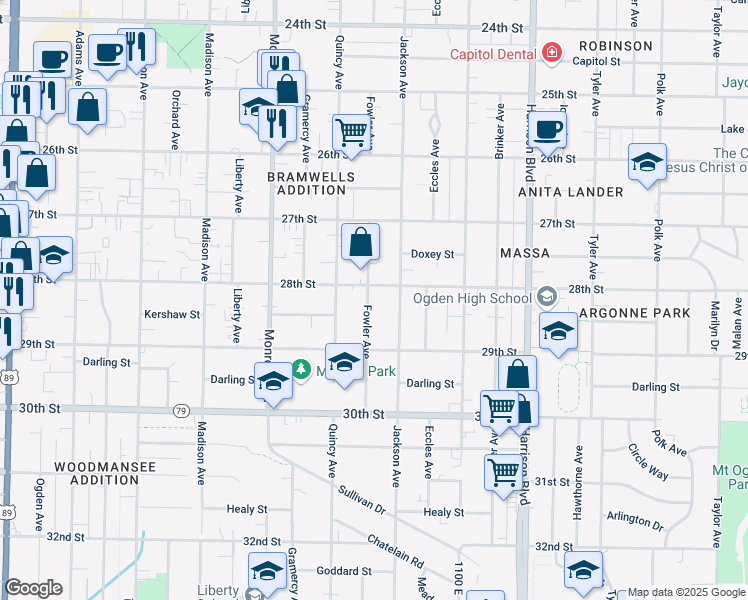 map of restaurants, bars, coffee shops, grocery stores, and more near 2816 Fowler Avenue in Ogden