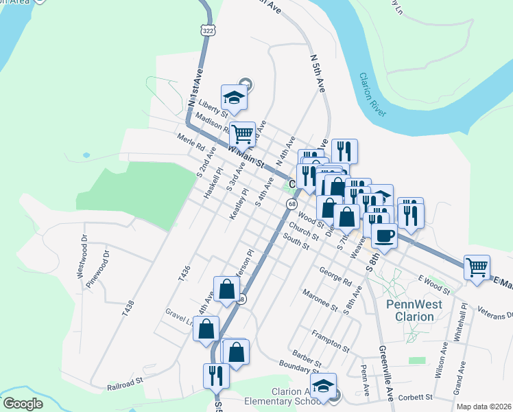 map of restaurants, bars, coffee shops, grocery stores, and more near 398 Church Street in Clarion