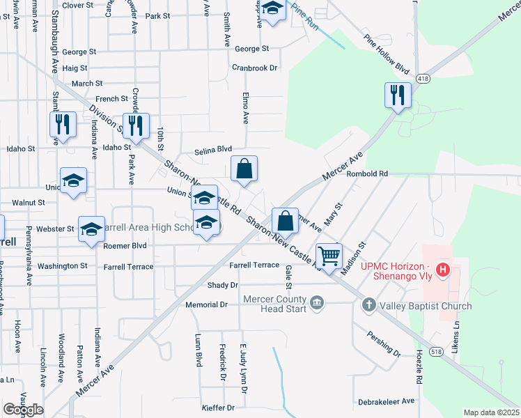 map of restaurants, bars, coffee shops, grocery stores, and more near 837 Sharon New Castle Road in Farrell