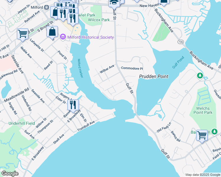 map of restaurants, bars, coffee shops, grocery stores, and more near 2 Oyster Landing Road in Milford