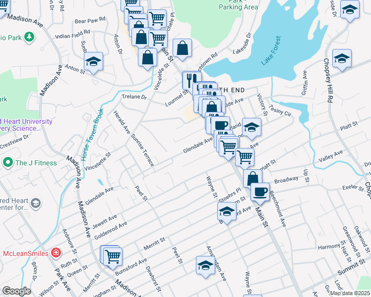 map of restaurants, bars, coffee shops, grocery stores, and more near 158 Glendale Avenue in Bridgeport