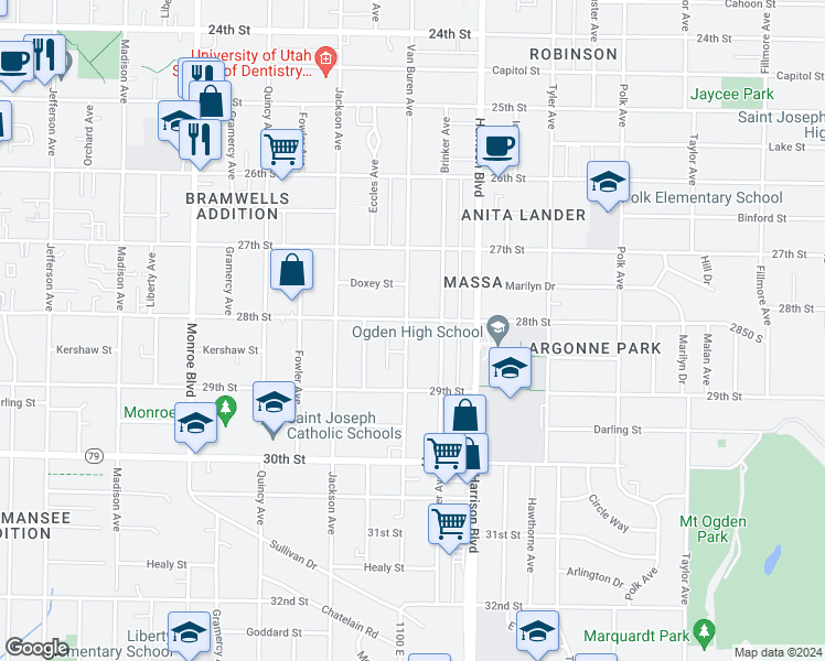 map of restaurants, bars, coffee shops, grocery stores, and more near 2804 Van Buren Avenue in Ogden