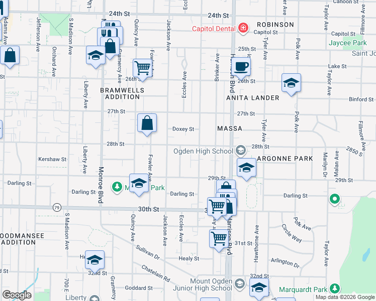 map of restaurants, bars, coffee shops, grocery stores, and more near 2802 Eccles Avenue in Ogden