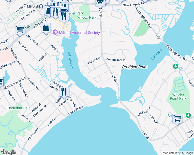 map of restaurants, bars, coffee shops, grocery stores, and more near 2 Oyster Landing Road in Milford