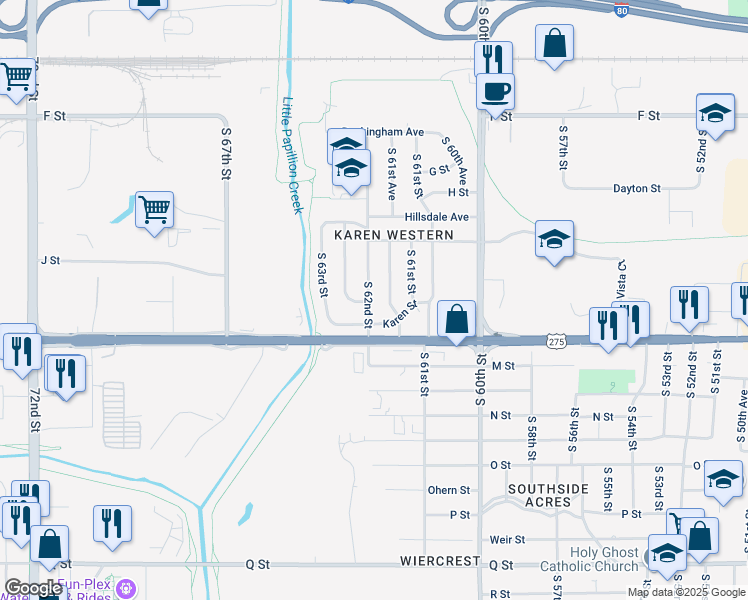 map of restaurants, bars, coffee shops, grocery stores, and more near 4602 South 61st Avenue in Omaha