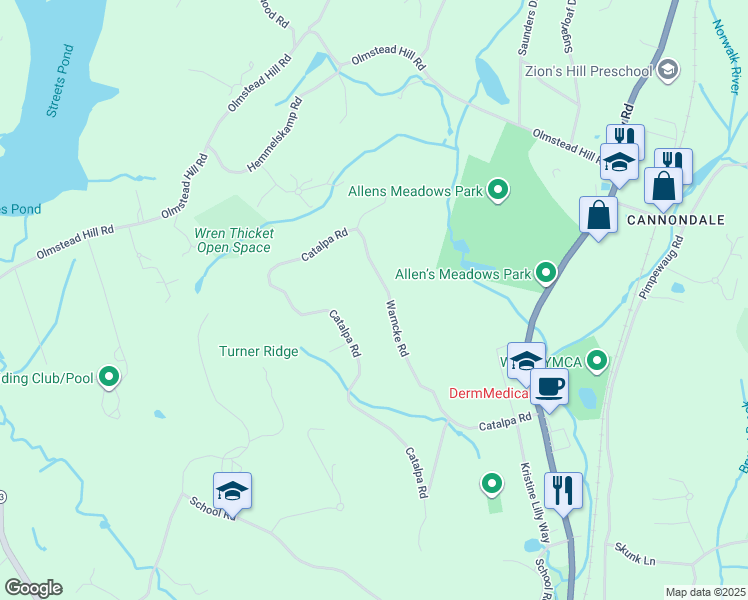 map of restaurants, bars, coffee shops, grocery stores, and more near 67 Warncke Road in Wilton