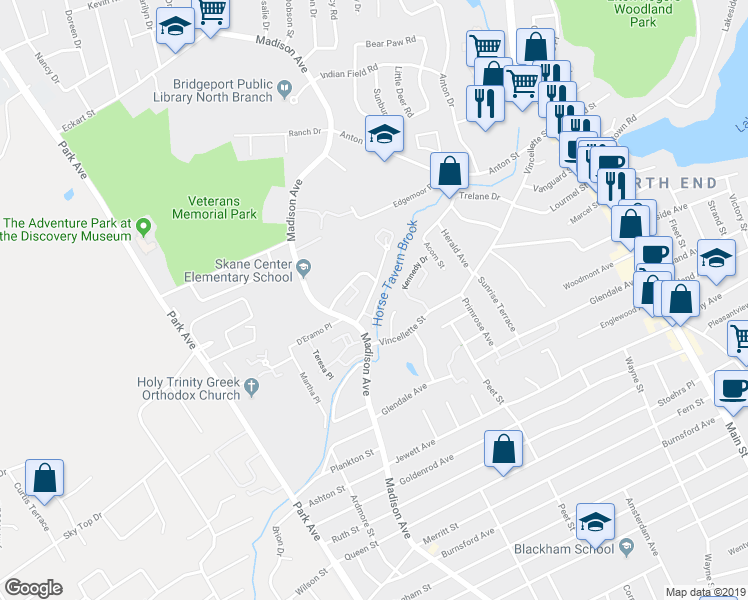 map of restaurants, bars, coffee shops, grocery stores, and more near 60 Cherry Hill Drive in Bridgeport