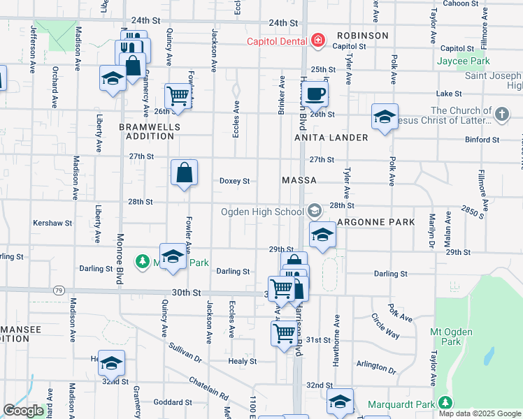 map of restaurants, bars, coffee shops, grocery stores, and more near 2804 Van Buren Avenue in Ogden