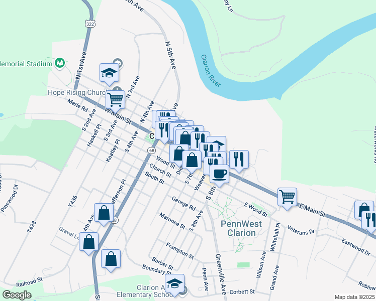 map of restaurants, bars, coffee shops, grocery stores, and more near 625 Main Street in Clarion