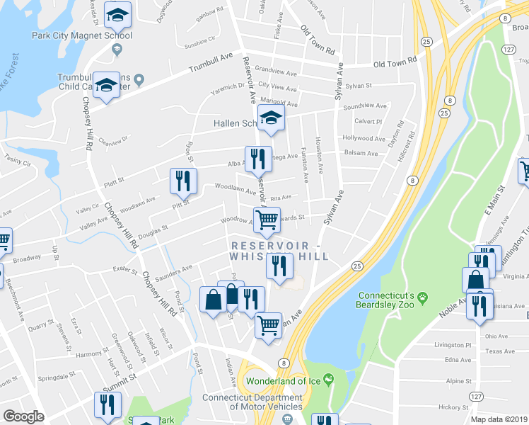 map of restaurants, bars, coffee shops, grocery stores, and more near 975 Reservoir Avenue in Bridgeport