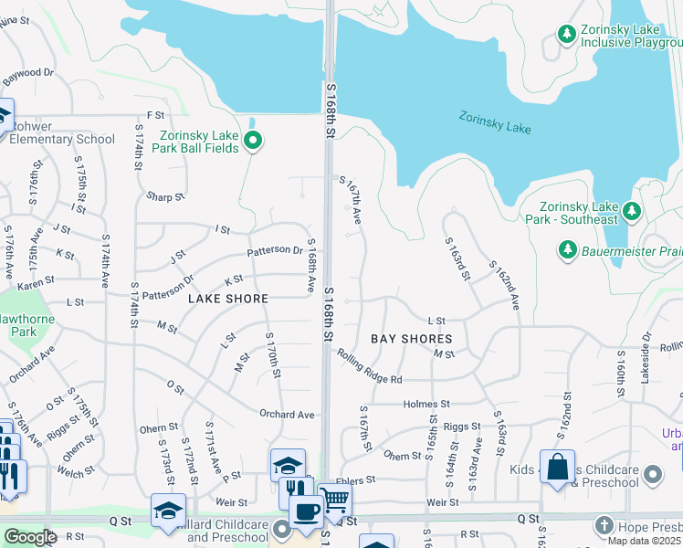 map of restaurants, bars, coffee shops, grocery stores, and more near 16760 K Circle in Omaha
