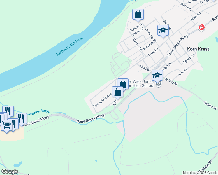 map of restaurants, bars, coffee shops, grocery stores, and more near 714 Main Rd in Luzerne