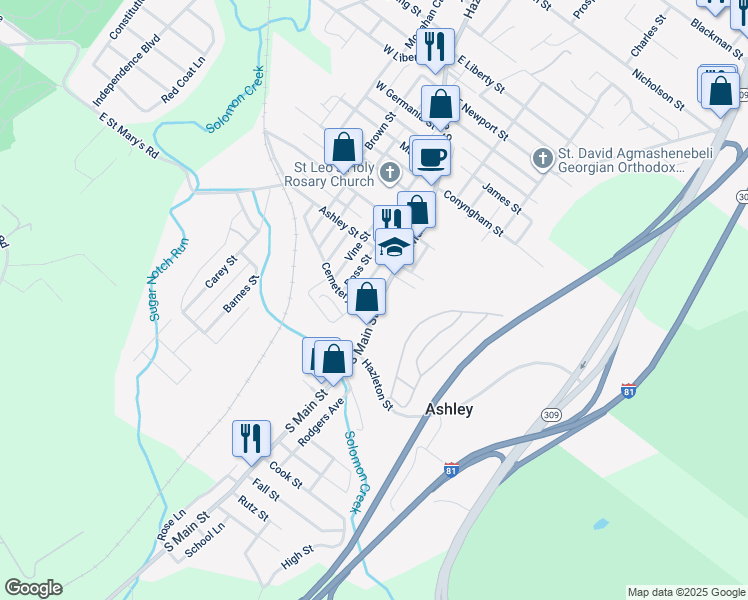 map of restaurants, bars, coffee shops, grocery stores, and more near 1 North Main Street in Ashley
