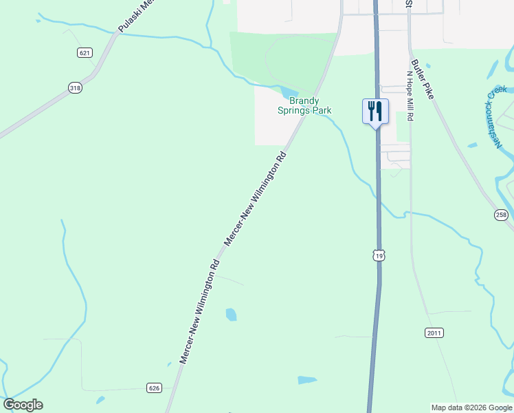 map of restaurants, bars, coffee shops, grocery stores, and more near 521 Mercer-New Wilmington Road in Mercer