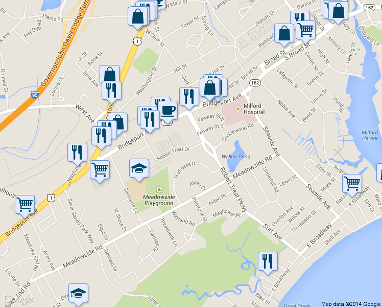 map of restaurants, bars, coffee shops, grocery stores, and more near 174 Robert Treat Drive in Milford