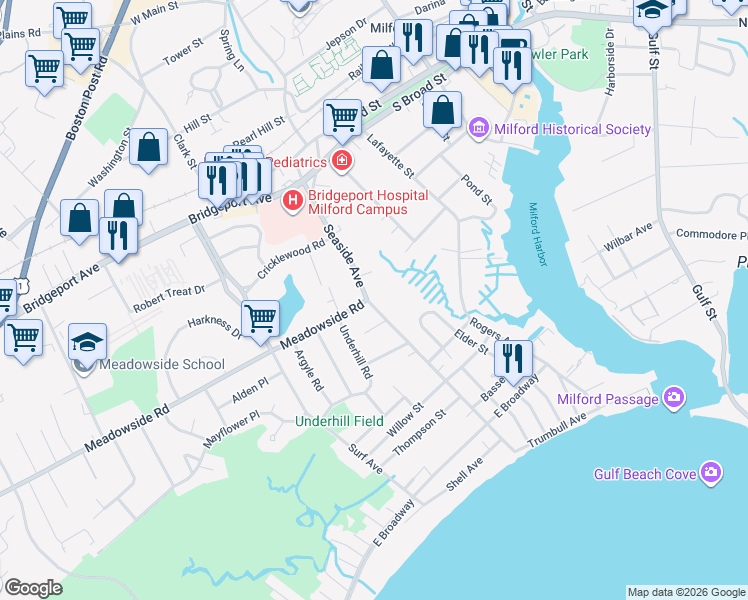 map of restaurants, bars, coffee shops, grocery stores, and more near 197 Seaside Avenue in Milford