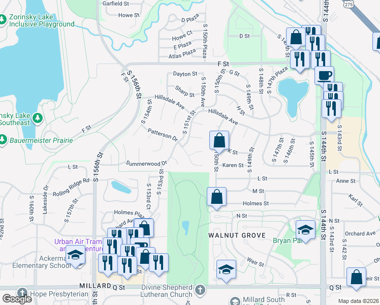 map of restaurants, bars, coffee shops, grocery stores, and more near 15054 Karen Circle in Omaha