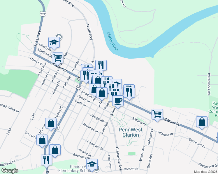 map of restaurants, bars, coffee shops, grocery stores, and more near 22 North 7th Avenue in Clarion