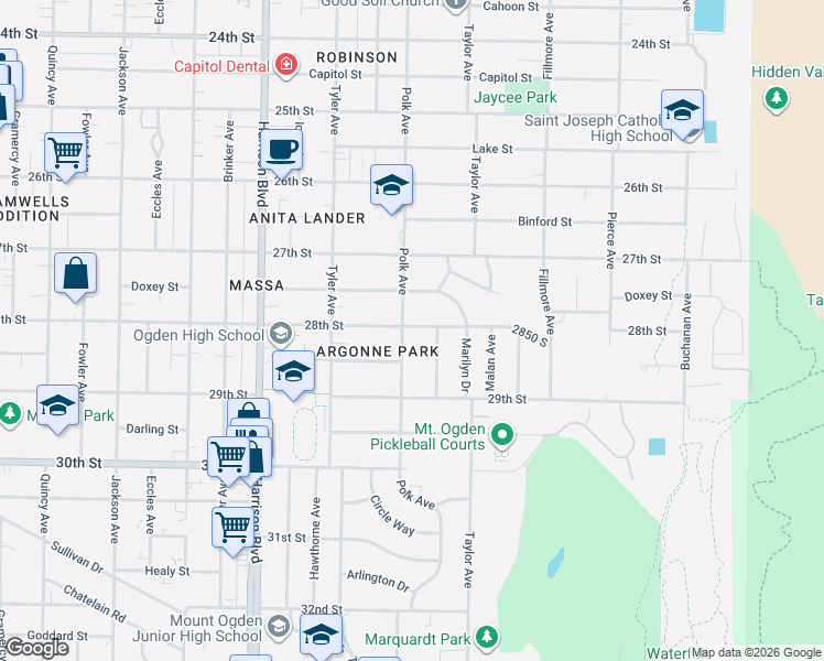 map of restaurants, bars, coffee shops, grocery stores, and more near 1425 28th Street in Ogden