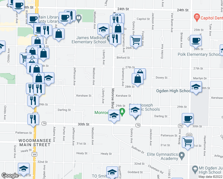 map of restaurants, bars, coffee shops, grocery stores, and more near in Ogden