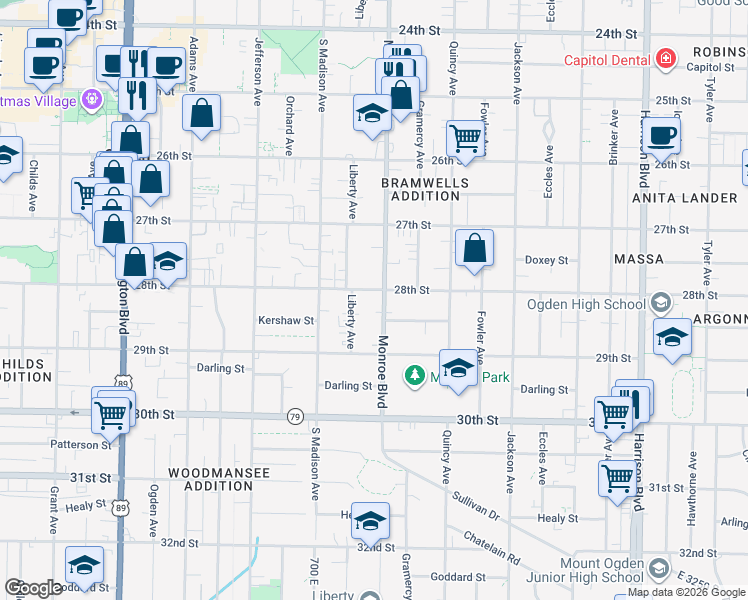 map of restaurants, bars, coffee shops, grocery stores, and more near in Ogden