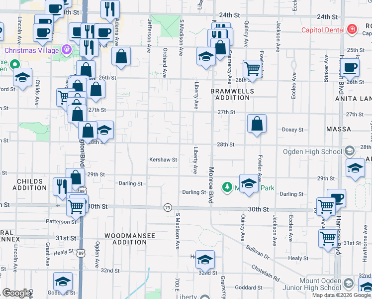 map of restaurants, bars, coffee shops, grocery stores, and more near 721 28th Street in Ogden