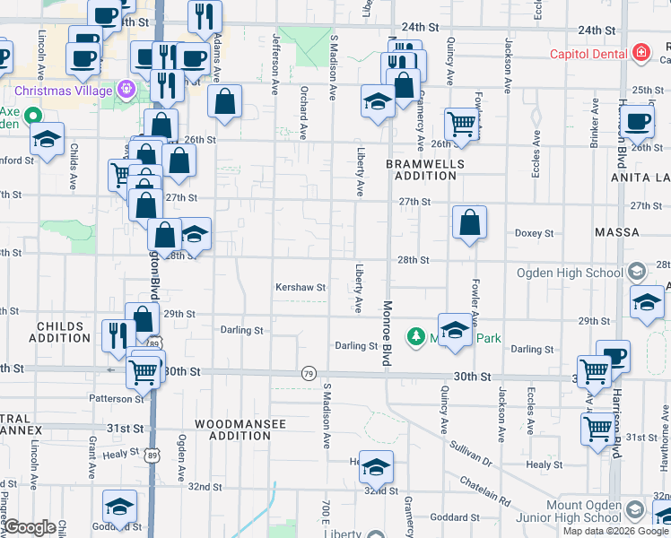 map of restaurants, bars, coffee shops, grocery stores, and more near 721 28th Street in Ogden