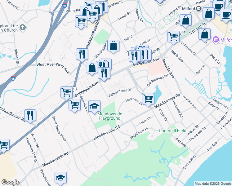map of restaurants, bars, coffee shops, grocery stores, and more near 50 Robert Treat Drive in Milford