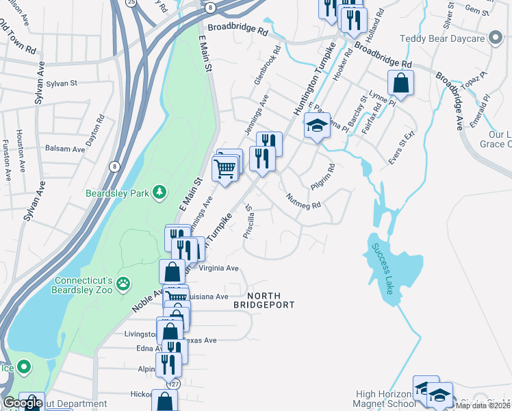 map of restaurants, bars, coffee shops, grocery stores, and more near 14 Priscilla Street in Bridgeport
