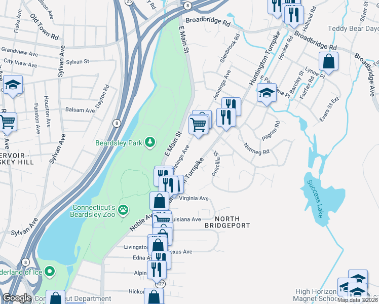 map of restaurants, bars, coffee shops, grocery stores, and more near 345 Huntington Turnpike in Bridgeport