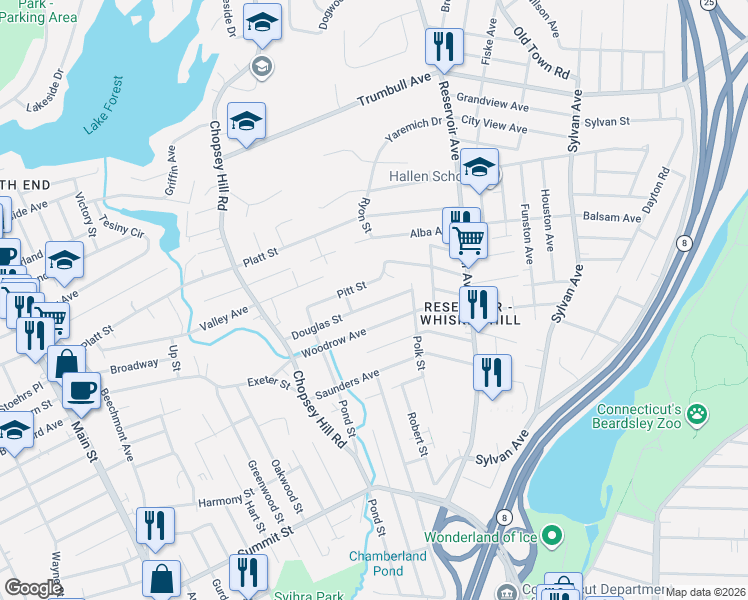 map of restaurants, bars, coffee shops, grocery stores, and more near 52 Douglas Street in Bridgeport